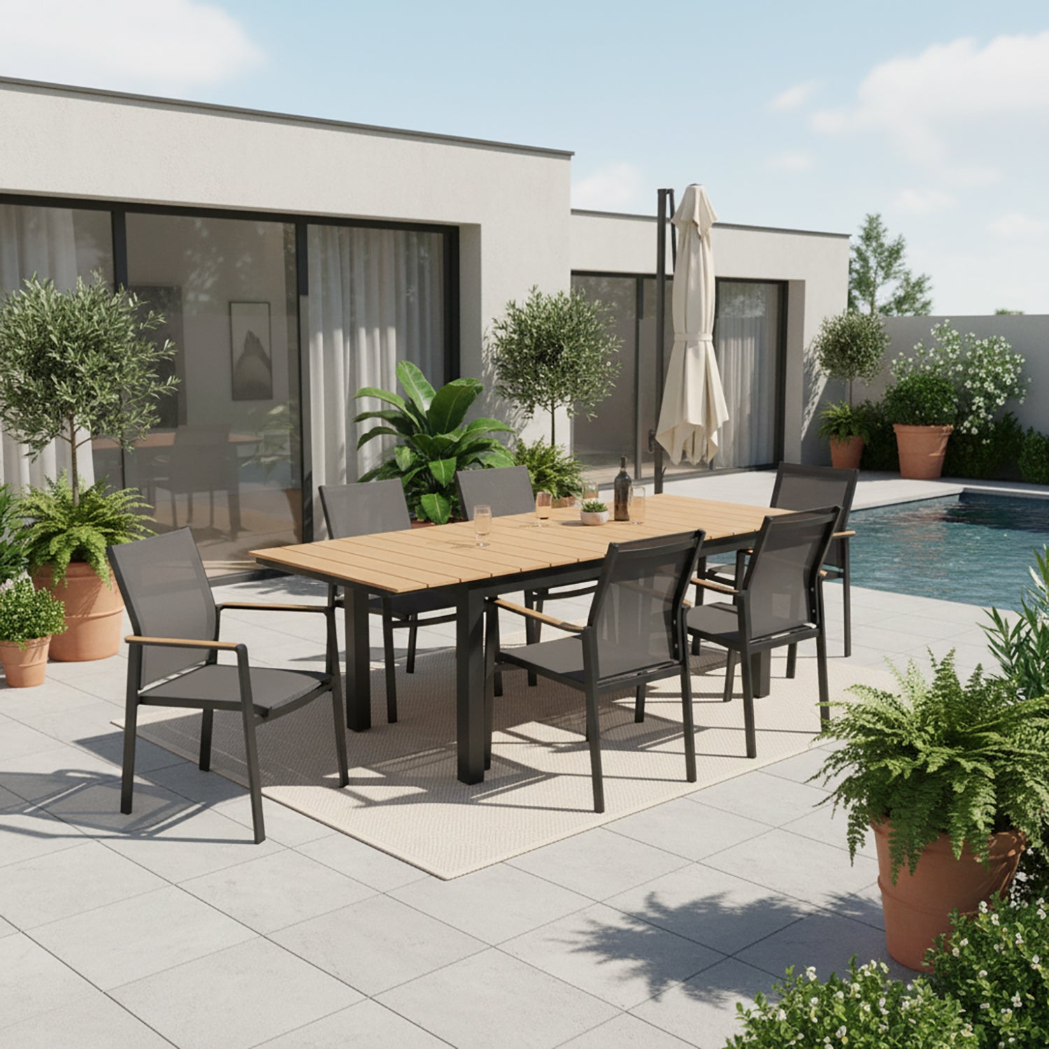 VESTIAMO CASA GIARDINO - Set da giardino 7 pezzi Tavolo Estensibile con 6 Sedie struttura in alluminio Nero e top in Polywood